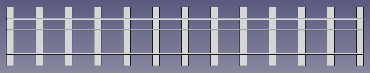 Draufsicht auf ein 2 Meter langes Dreischienengleis für die Spurweiten 5 Zoll & 7 ¼ Zoll mit 6 Schwellen pro Meter (FreeCAD Zeichnung)