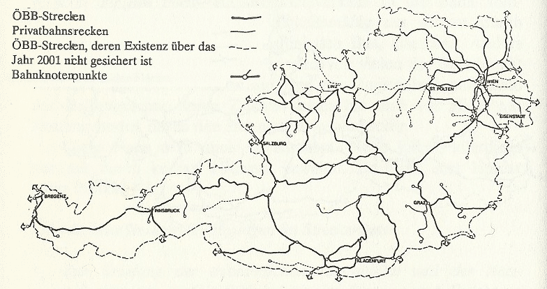 Karte des österreichischen Eisenbahnnetz mit Personenverkehr (1992)