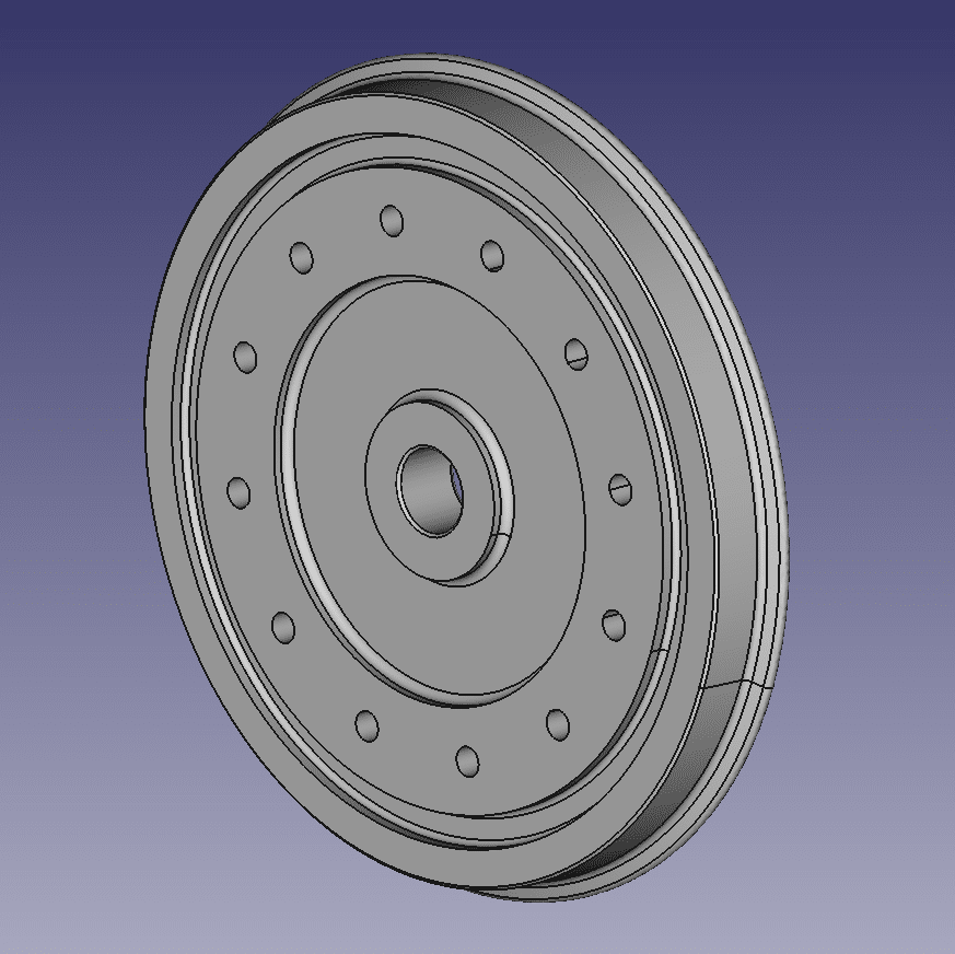 Geplante Ausführung des Lokrades, mit integrierter Bremsscheibe (gezeichnet mit FreeCAD)