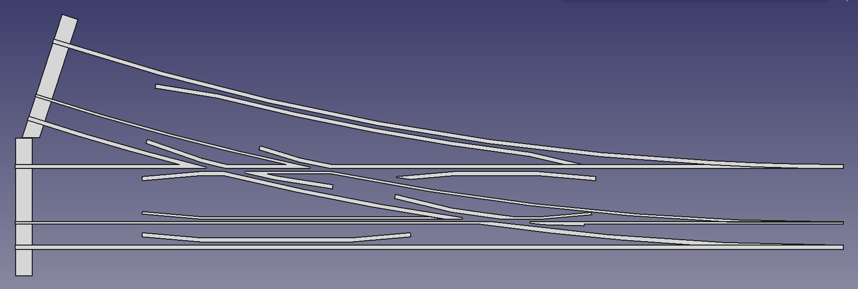 Draufsicht auf eine Dreischienenweiche für die Spurweiten 5 Zoll & 7 ¼ Zoll (FreeCAD Zeichnung)