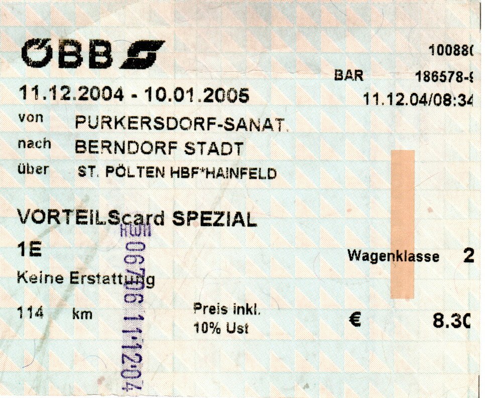 Fahrschein: Purkersdorf-Sanatorium (Wien Stadt­grenze) - St. Pölten Hbf. - Hainfeld - Berndorf Stadt (2004)