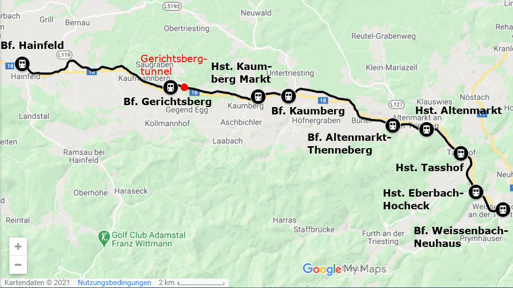 Übersichtskarte der ehemaligen Eisenbahnstrecke Weissenbach-Neuhaus - Hainfeld (Leobersdorfer Bahn)