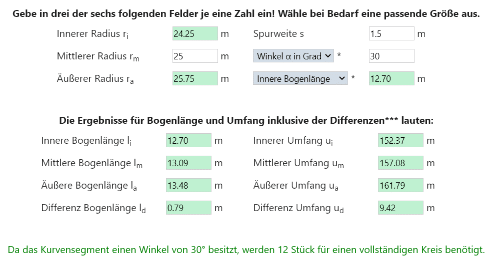 Screenshot vom Rechner zur Berechnung der Wege bei einer Kurvenfahrt
