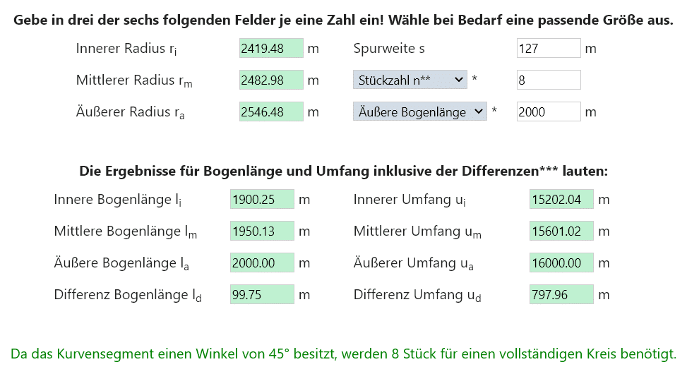 Screenshot vom Rechner zur Berechnung der Schienenlängen für eine Gartenbahn
