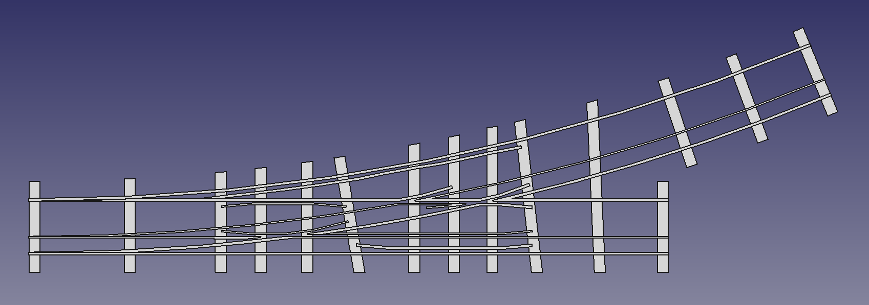 Draufsicht auf eine Dreischienenweiche für die Spurweiten 5 Zoll & 7 ¼ Zoll (FreeCAD Zeichnung)