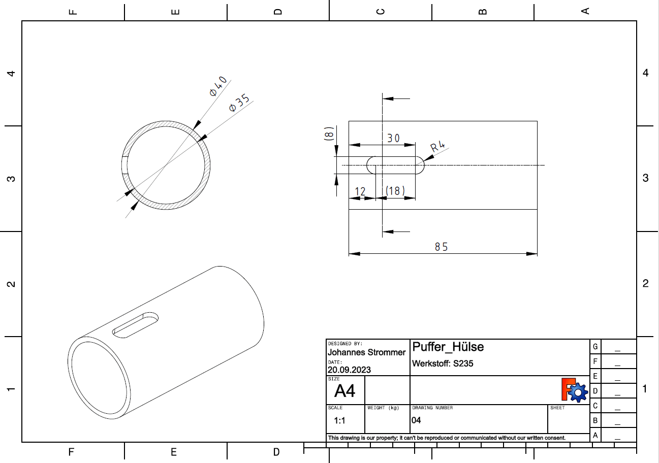 Mit FreeCad erstellte Einzelteilzeichnung der Puffer-Hülse der Lok 2060 im Maßstab 1:5.